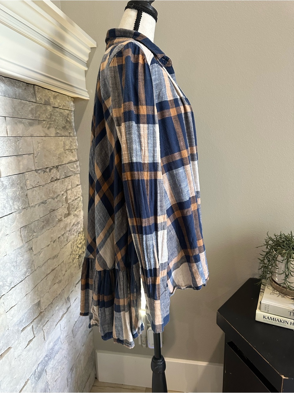 Free People Top Preppy In Plaid Button Front Tunic High Low Blue Orange - Picture 3 of 5